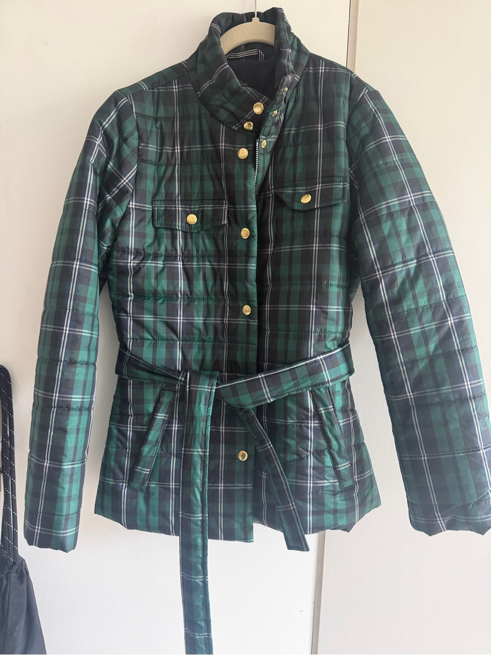 J. Crew Green Plaid Quilted Belted Puffer Jacket